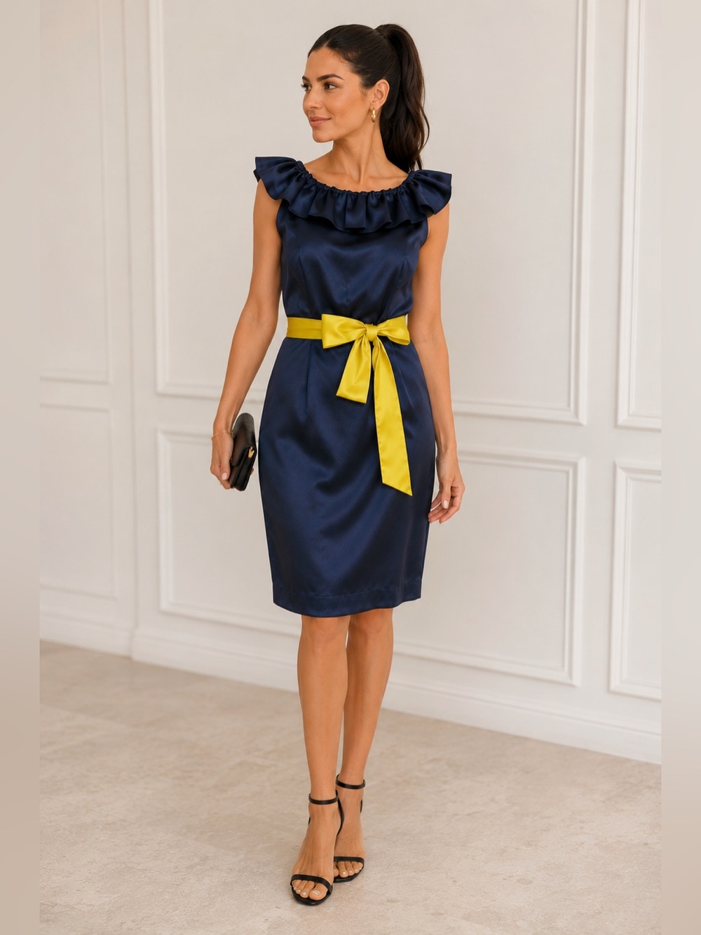 Navy Ruffle-Neck Satin Dress with Yellow Sash